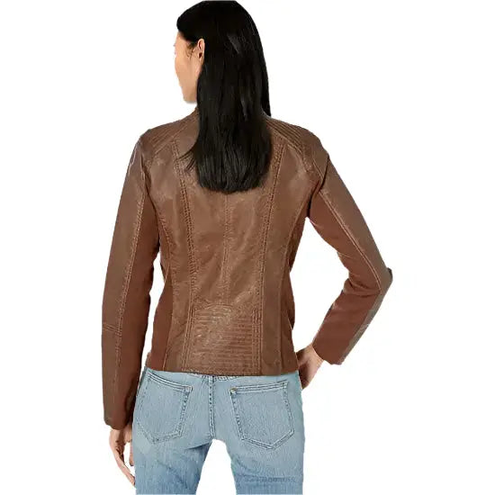 Women’s Leather Jacket with Moto Details and Front Zip Pockets