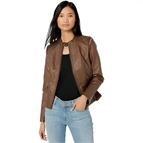 Women’s Leather Jacket with Moto Details and Front Zip Pockets