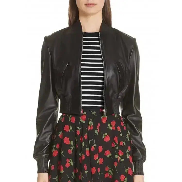 Womens Black Leather Bomber Jacket