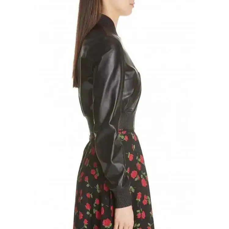 Womens Black Leather Bomber Jacket