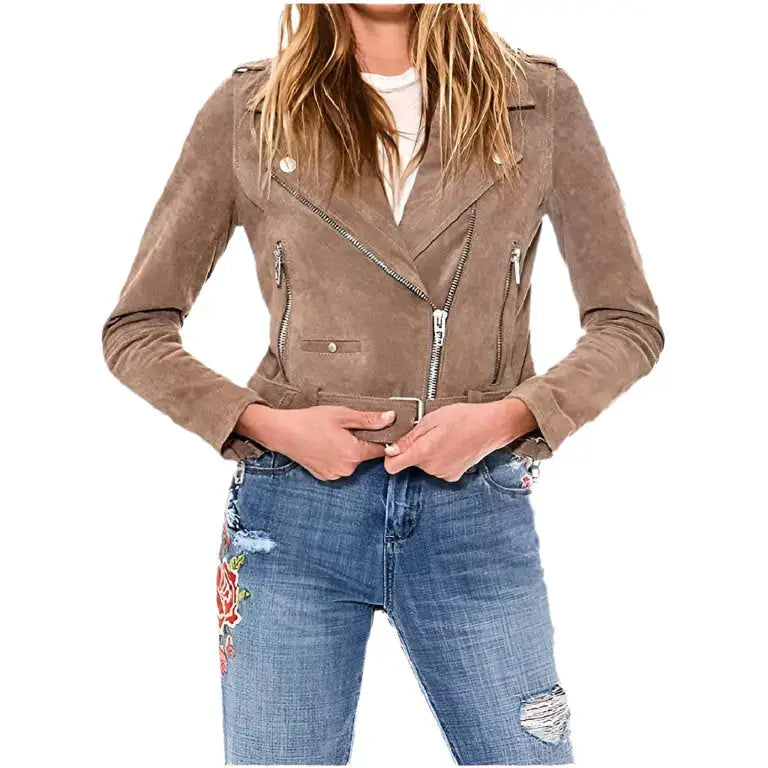 Women’s Luxury Cropped Suede Leather Motorcycle Jacket
