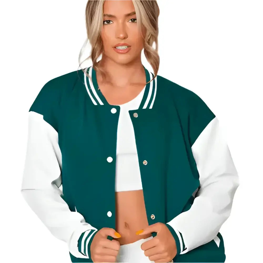 Women's Sea Green Varsity Leather Bomber Jacket