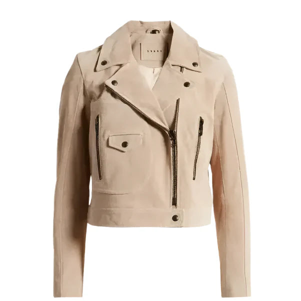 Women’s Tan Beige Suede Leather Biker Jacket