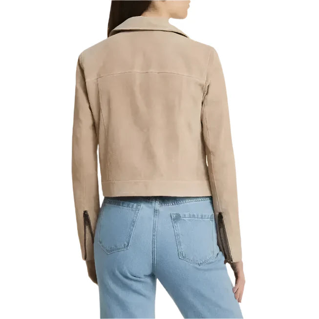 Women’s Tan Beige Suede Leather Biker Jacket