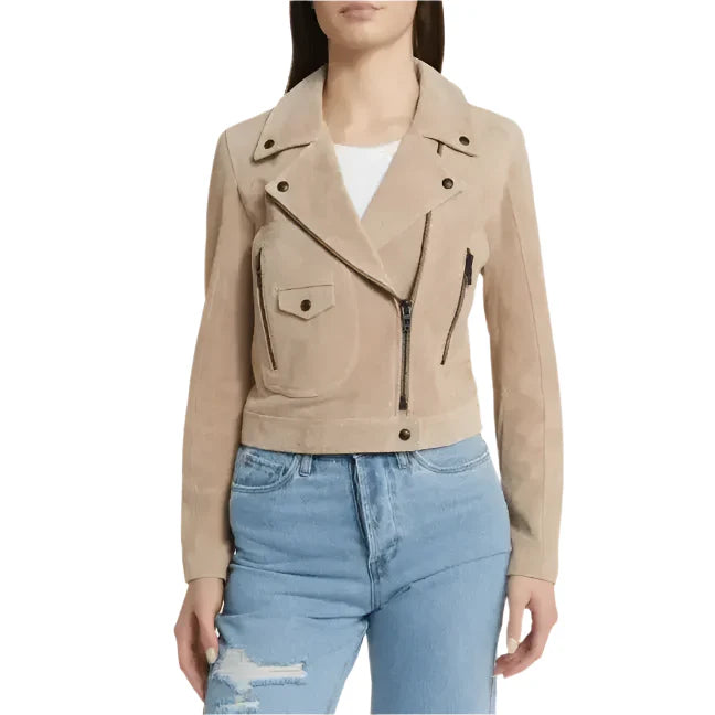 Women’s Tan Beige Suede Leather Biker Jacket
