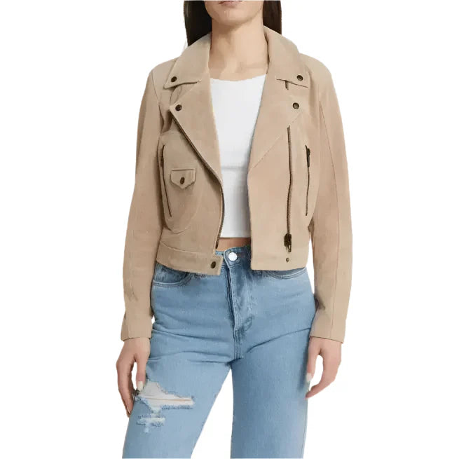 Women’s Tan Beige Suede Leather Biker Jacket