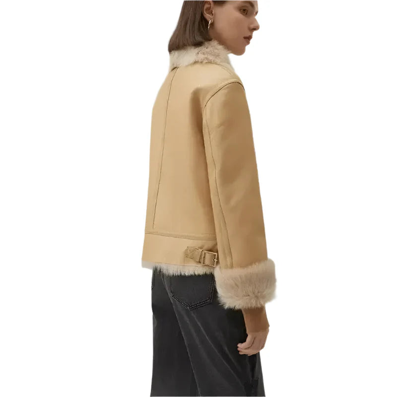 Women's Tan Brown Shearling Bomber Leather Jacket