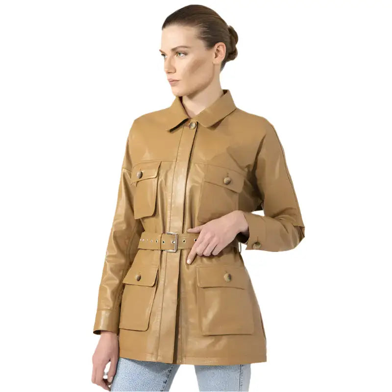 Women’s Tan Leather Belted Style Coat
