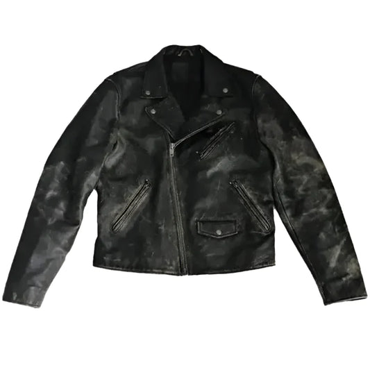 Men’s 90s Distressed Black Leather Biker Jacket