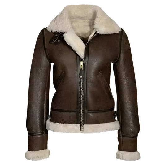 Women's B-3 Distressed Brown Aviator Leather Bomber Jacket