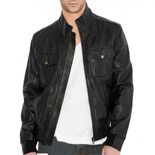 Men's Black Fitted Leather Bomber Jacket