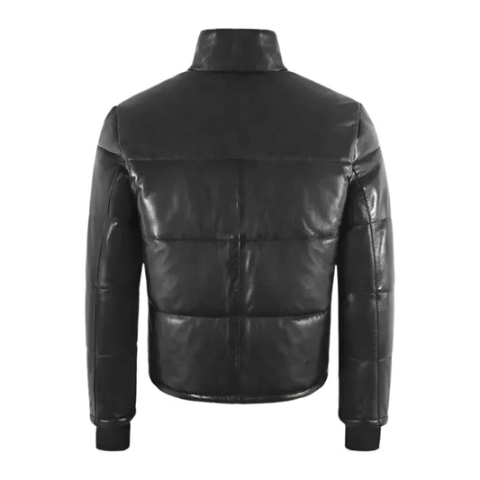 Black Real Leather Puffer Winter Jacket