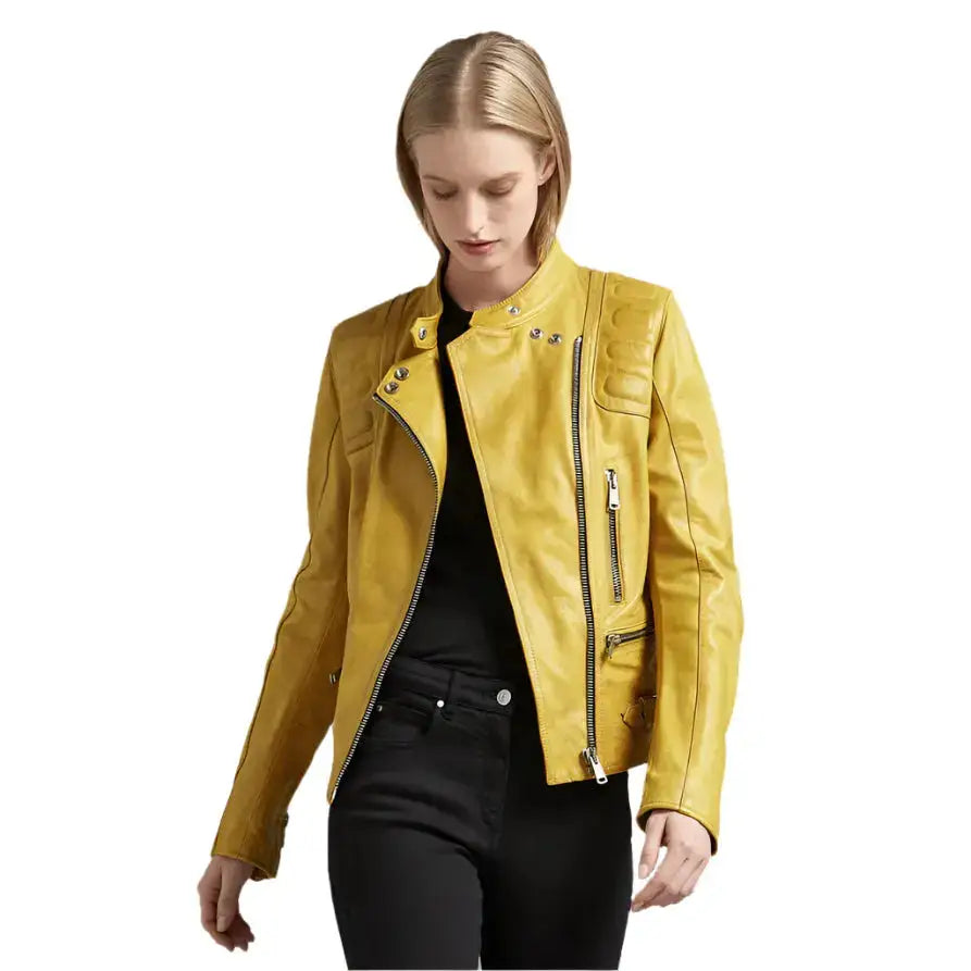 Women's Bright Yellow Leather Biker Jacket