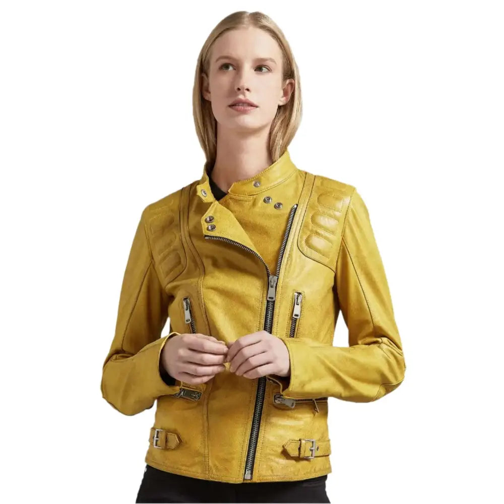 Women's Bright Yellow Leather Biker Jacket
