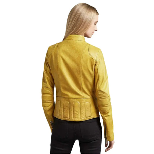 Women's Bright Yellow Leather Biker Jacket