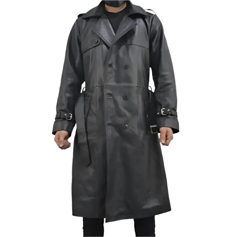 Mens Black Leather Trench Coat