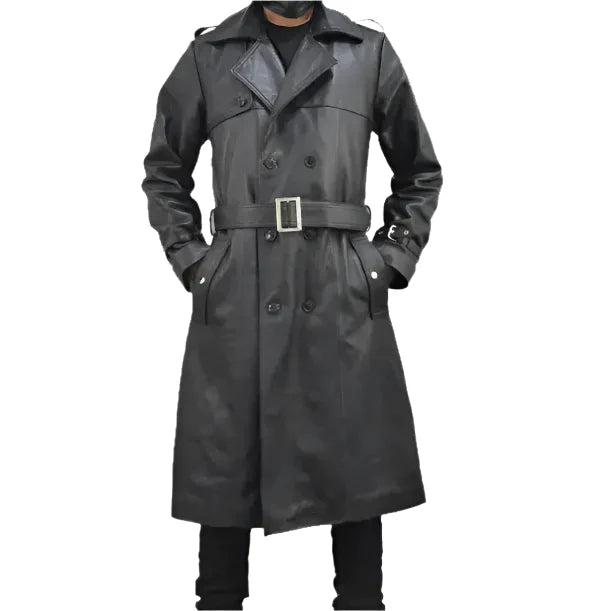 Mens Black Leather Trench Coat