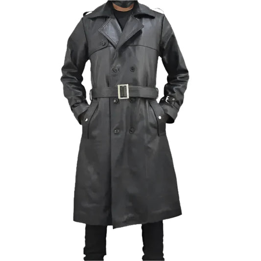 Mens Black Leather Trench Coat