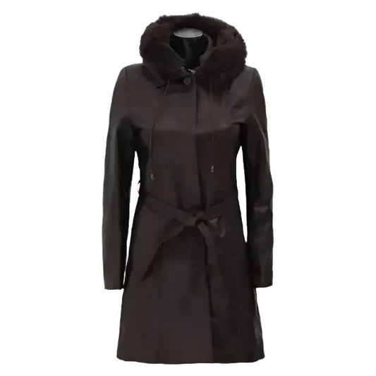 Women’s Dark Brown Fur Hooded Leather Coat