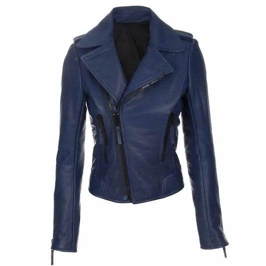 Women's Slim Fit Dark Navy Blue Leather Biker Jacket