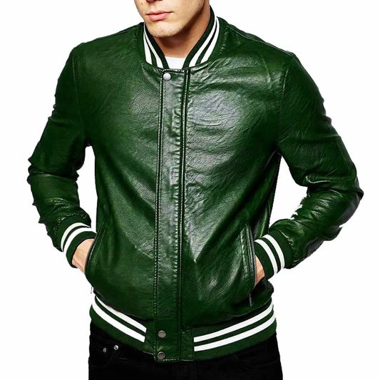 Men's Genuine Lambskin Leather Slim Fit Letterman Varsity Jacket