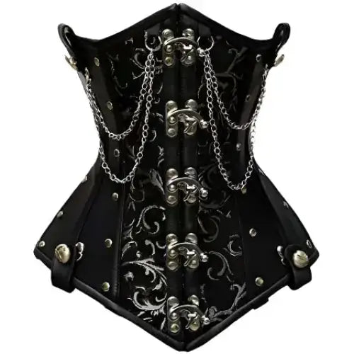 Women’s Goel Silver Brocade & Faux Leather Underbust Corset with Chain Details