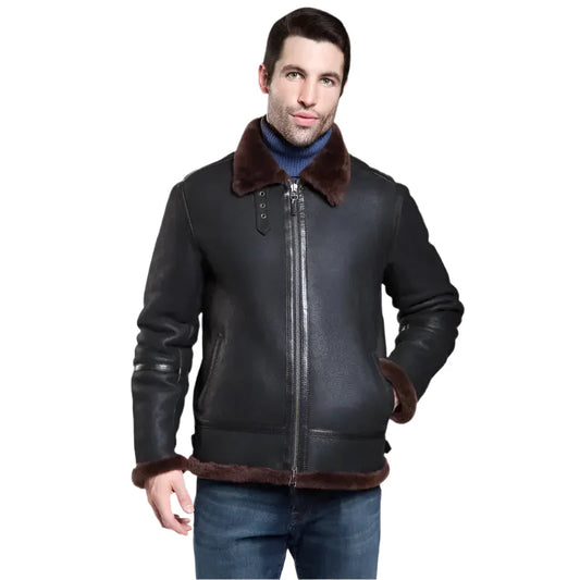 Men's Black Aviator Shearling Leather Jacket
