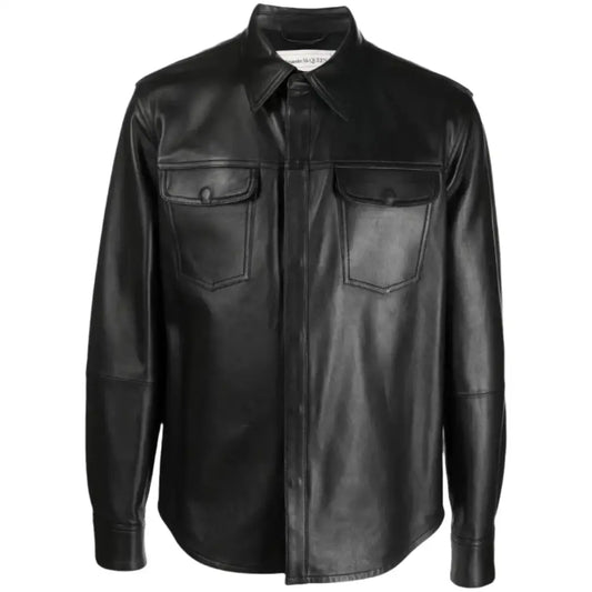 Men's Black Lambskin Leather Shirt with Chest Pocket