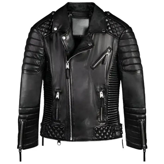 Men's Black Studded Quilted Biker Leather Motorcycle Jacket