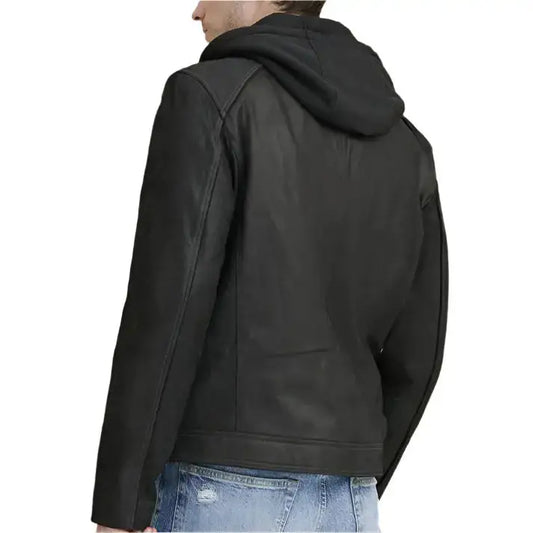 Mens Black Vintage Hooded Leather Jacket