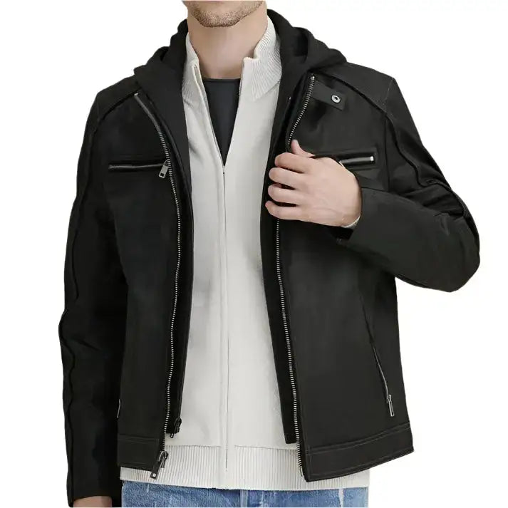 Mens Black Vintage Hooded Leather Jacket