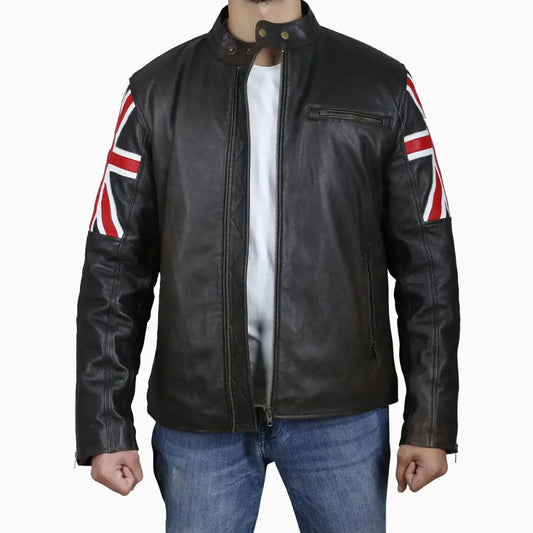 Mens Brown Leather Jacket with UK Flag Appliqué