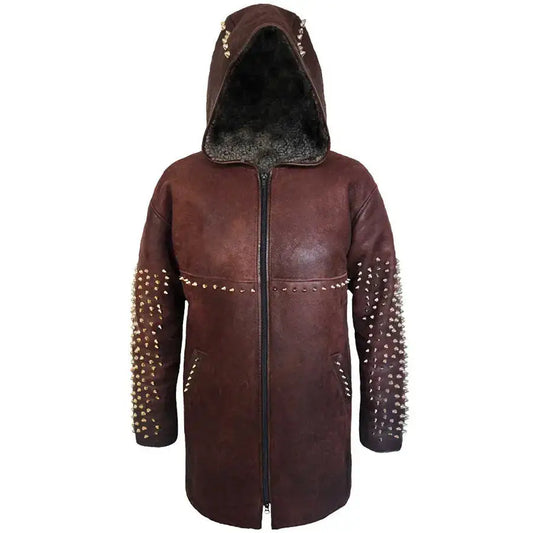 Men’s Burgundy Leather Jacket with Metallic Studded Back, Zipper & Belted Detail