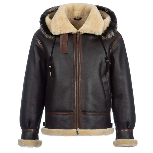Mens Hooded Shearling Sheepskin Pilot Jacket