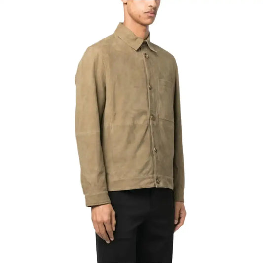 Men's Light Olive Green Suede Leather Shirt