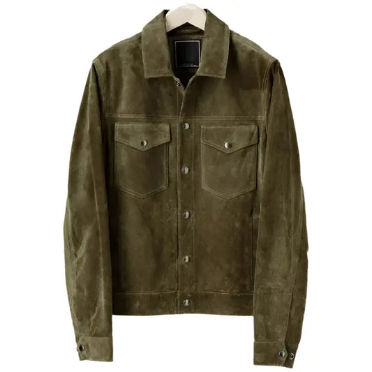 Men's Olive Suede Leather Snap Shirt Jacket