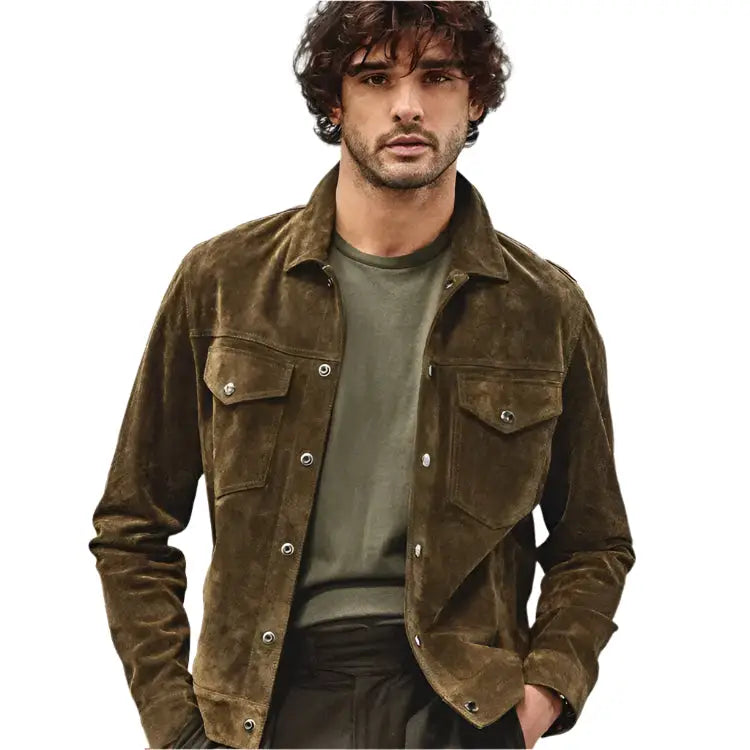 Men's Olive Suede Leather Snap Shirt Jacket