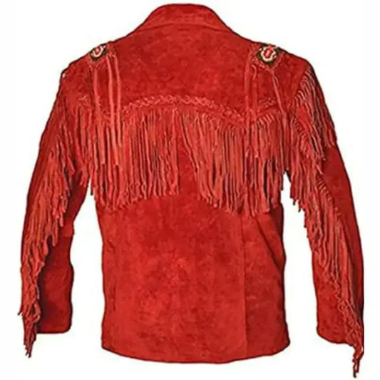 Men's Red Leather Fringe Cowboy Jacket