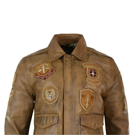 Men’s Vintage Tan Aviator Bomber Jacket with Removable Black Fur