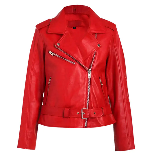 Women's Red Leather Biker Jacket