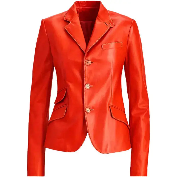 Women's Red Leather Coat with Double Pockets