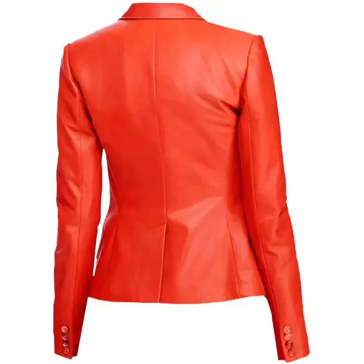 Women's Red Leather Coat with Double Pockets