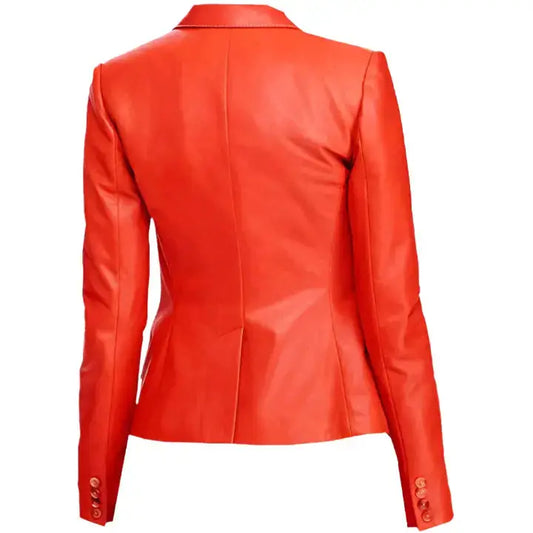 Women's Red Leather Coat with Double Pockets