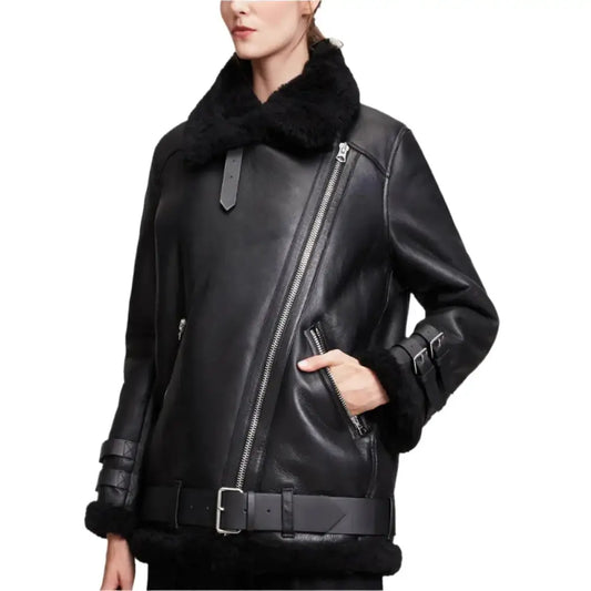 Women's Black Leather B3 Bomber Jacket