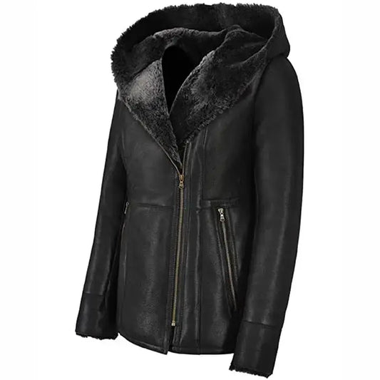 Women’s Black Leather Shearling Fur Jacket with Hood