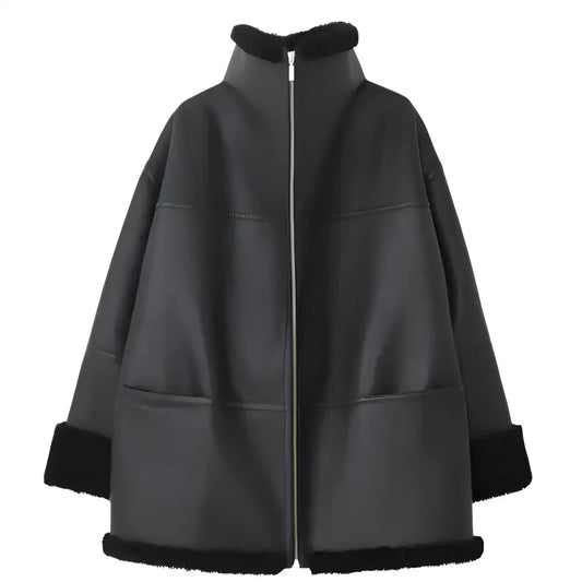 Women's Black Oversized Shearling Leather Jacket