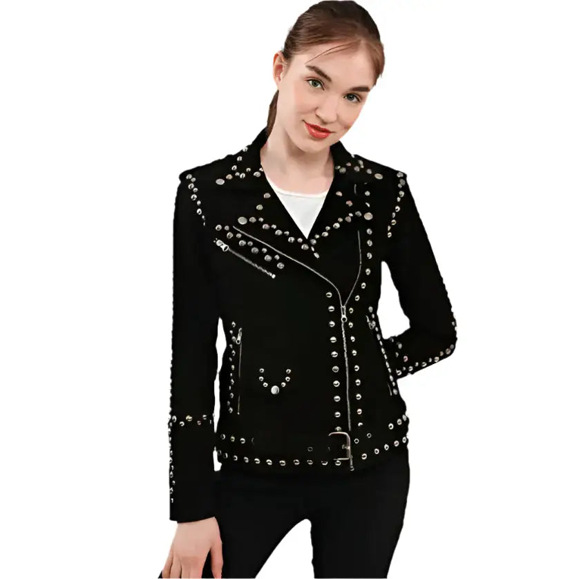Womens Black Studded Suede Biker Jacket
