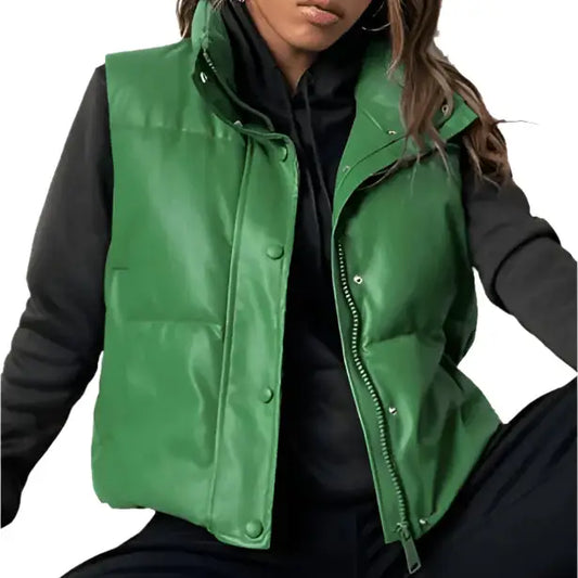 Women's Green Puffer Leather Vest