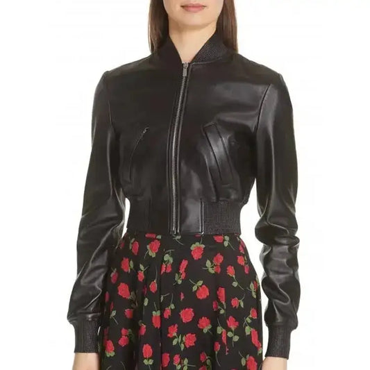 Womens Black Leather Bomber Jacket