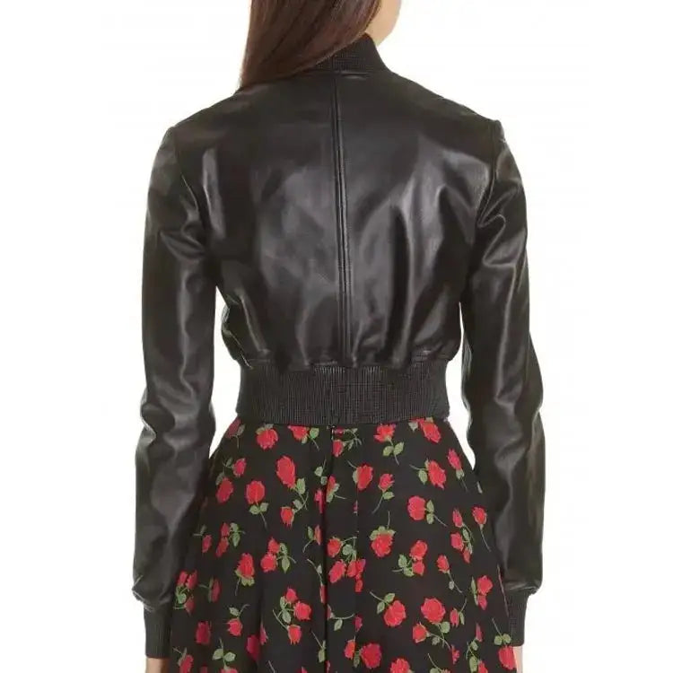 Womens Black Leather Bomber Jacket